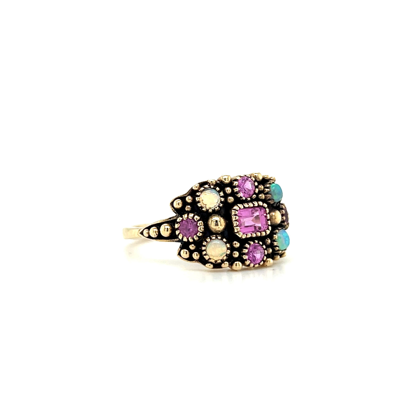 blue opal and pink sapphire vintage inspired ring